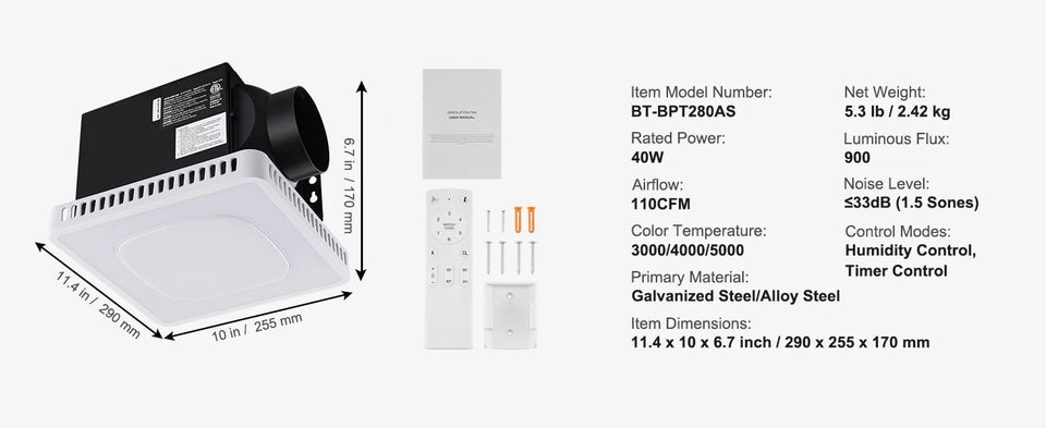 SucceBuy Bathroom Exhaust Fan 80/110CFM High-Efficiency Ventilation 1.5sones Low Noise Operation Energy-Saving Bathroom Ceiling