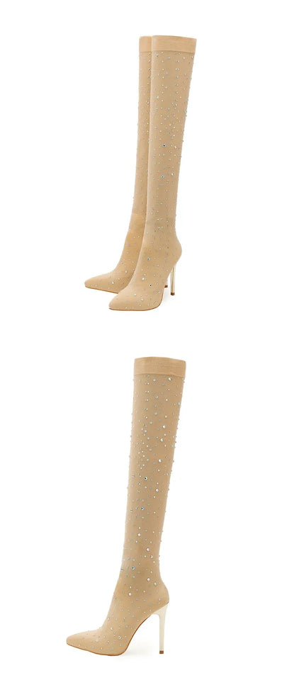 Eilyken Sexy Runway Crystal Stretch Fabric Sock Over the Knee Boot Thigh Stiletto High Pointed Toe Woman Shoes Zapatillas Mujer