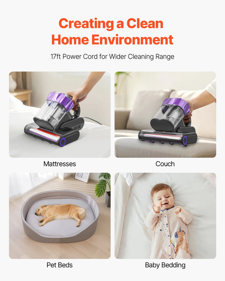 SucceBuy Mattress Vacuum Cleaner w/ 18Kpa Powerful Suction Dual Dust Bin HEPA Filter & Heating Ultrasound Handheld for Bed Sofa
