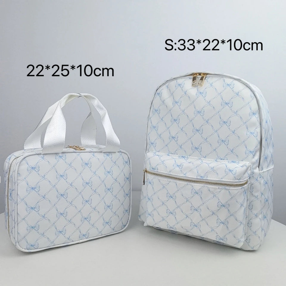 2PCS/SET Trendy Flower Bow Printing School Bag Lunch Bag Large Capacity Nylon Backpack Cute Students Insulation Ice Bento Box