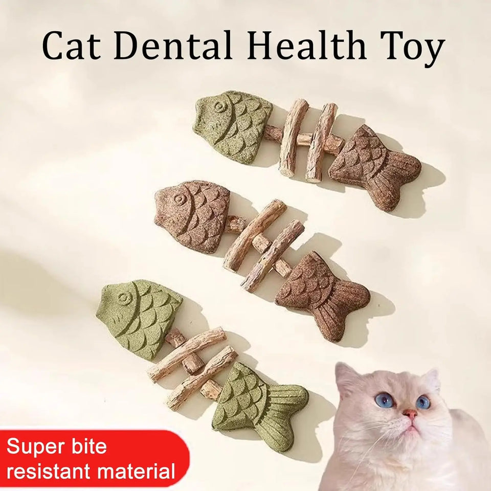 Dental Health Chew Toy for Cats - Bite-Resistant Fishbone Toy with Catnip & Silvervine for Teeth Cleaning, Interactive Play & Or