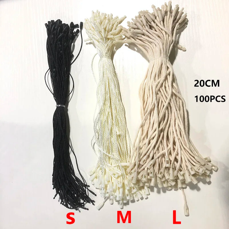 100PC /lot Plastic Tag White Beige Black Hang Tag Polyester Rope String Snap Lock Pin Loop Tie Fasteners