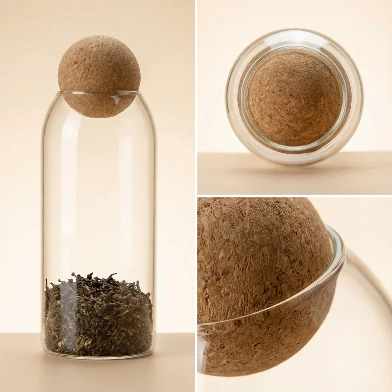 Four size spherical cork transparent glass sealed cans, suitable for storing coffee beans/tea leaves and kitchen storage