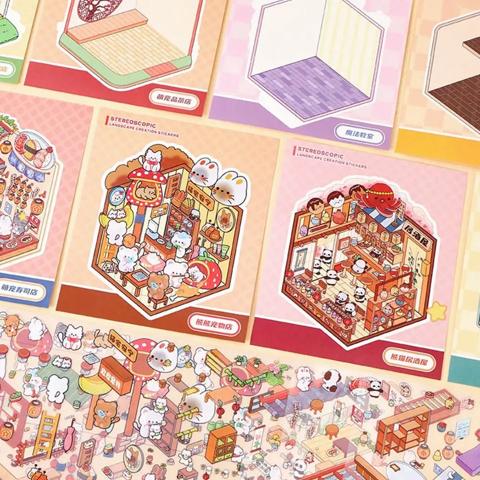 Collection of Miniature Scenes 3D Stereoscopic Hut Miniature Scene Stickers Hand Tent Landscape Stickers Children's Puzzle Toys