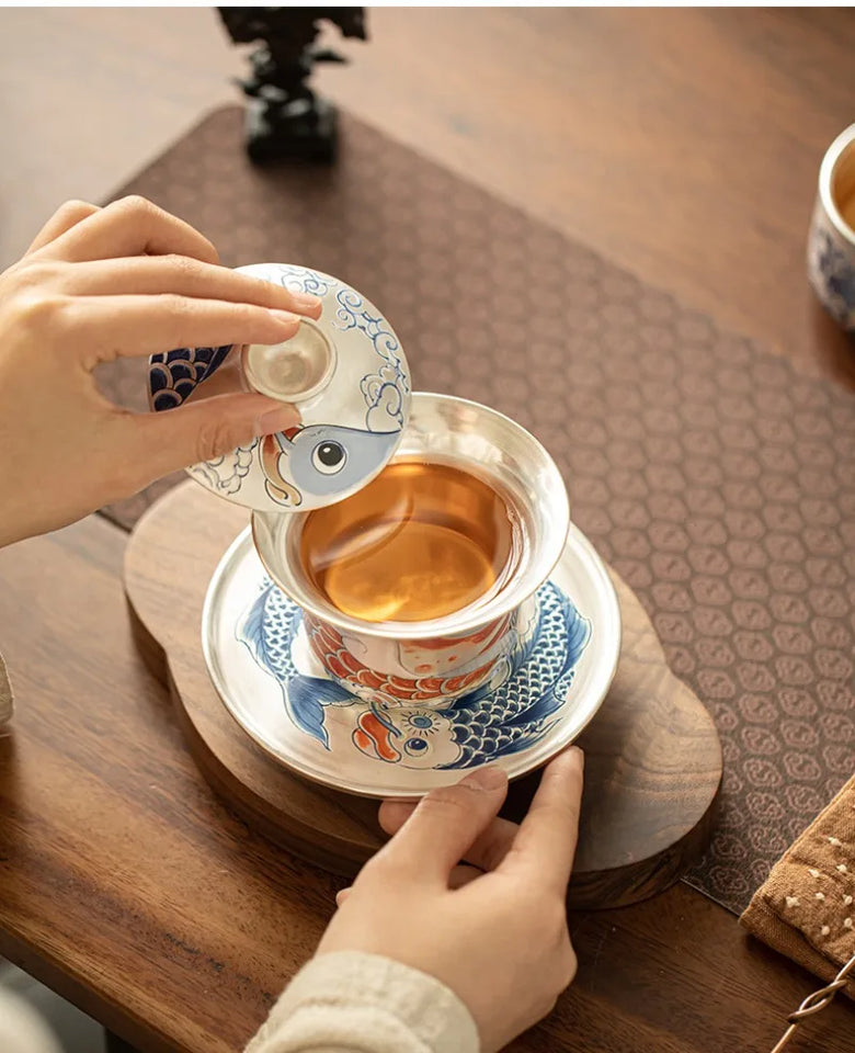 Tea set handmade silver three talents horseshoe covered bowl, Chinese dragon fish respect tea bowl, tea making bowl, tea cup for