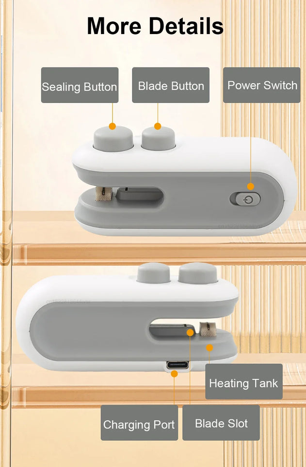 Mini Plastic Bags Sealer Portable Heat Sealing Machine for Snacks 2-in-1 Rechargeable Handheld Food Package Heat Sealer
