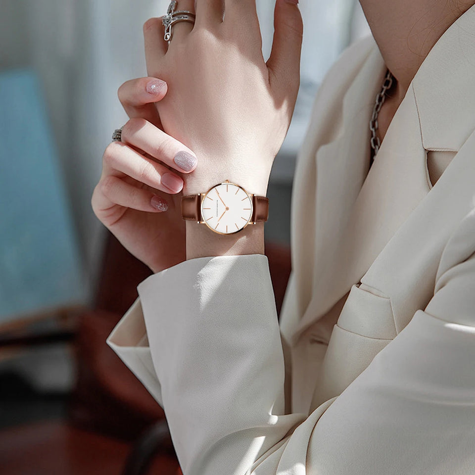1 Set Women Leather Watches Minimalist Style 6.9mm Ultra Thin Dial Black Gift Box Adjuster Spare Strap Women's Dress Wristwatch