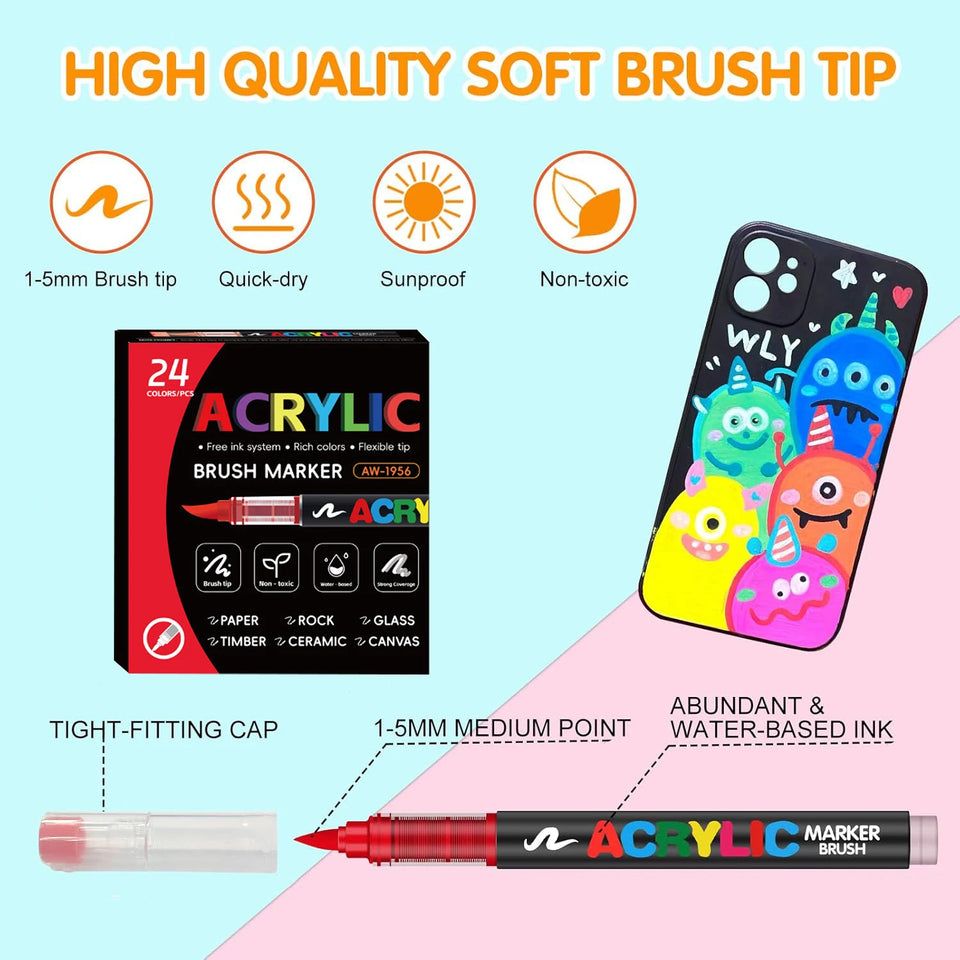 366 Colours Acrylic Markers Flexible Brush Tip Acrylic Paint Marker for Painting Stone Fabric Glass Ceramic Canvas Paper Wood