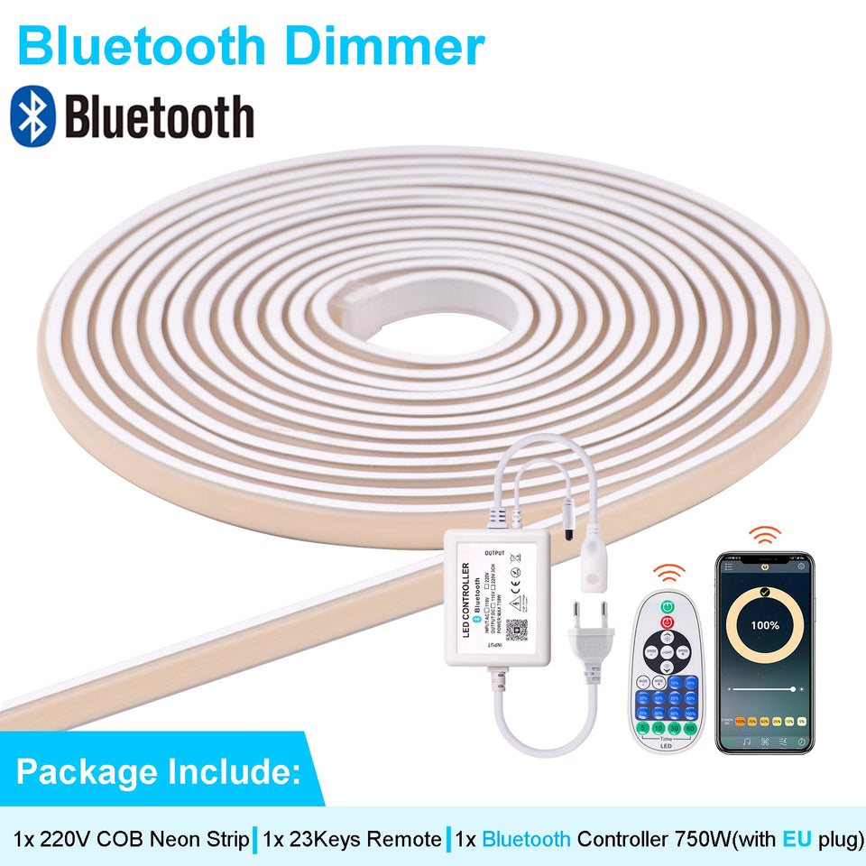 Dimmable COB LED Strip Light 220V Ra90 Waterproof 288LEDs/m Smart LED Neon Strips Flexible Ribbon Remote/Bluetooth/Wifi Control