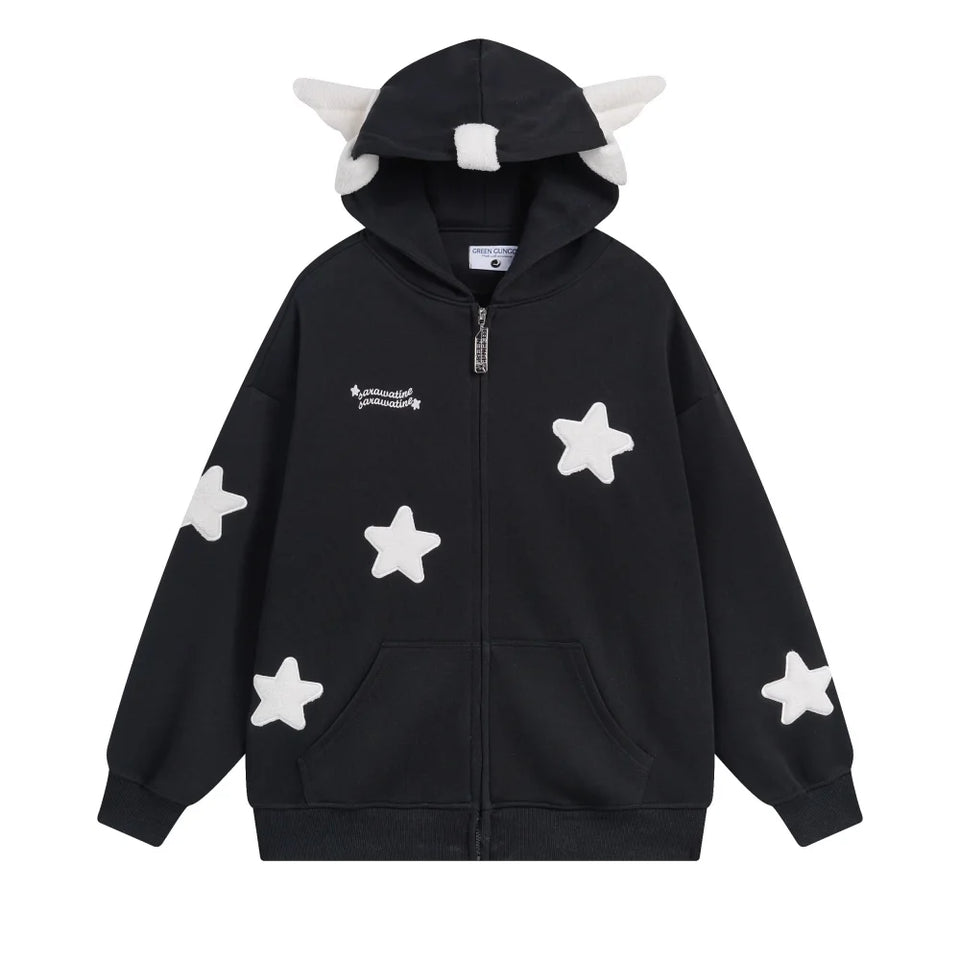 Japanese Kawaii Wing Hooded Loose Sweatshirt Women Autumn Long Sleeves Zipper Star Cardigan Oversized Coat Y2K Sweet Cute