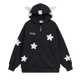 Japanese Kawaii Wing Hooded Loose Sweatshirt Women Autumn Long Sleeves Zipper Star Cardigan Oversized Coat Y2K Sweet Cute