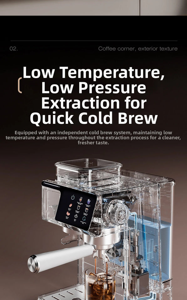 2-in-1 Cold & Hot Coffee Maker with Built-in Grinder & Milk Frother | Compact Espresso Machine for Home, Office & Small Cafés
