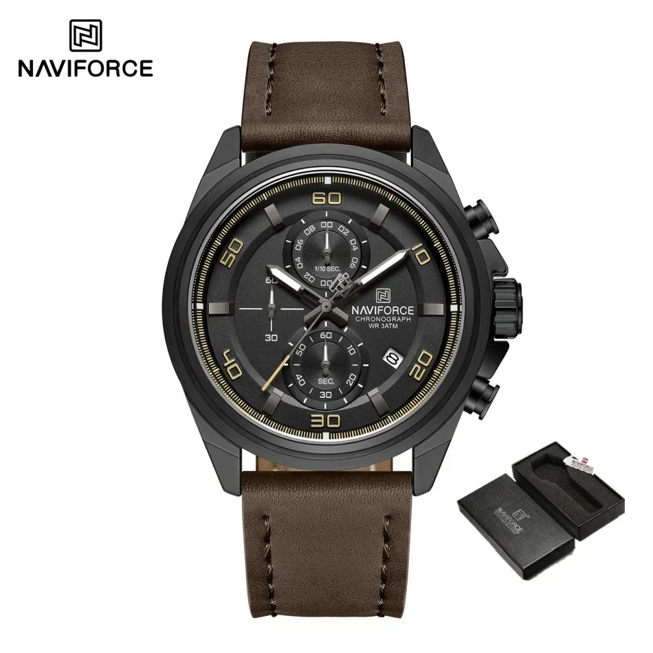 Original NAVIFORCE Business Luxury Leather Strap Men Watches Sports Chronograph Watch for Man 3ATM Waterproof Quartz Wristwatch