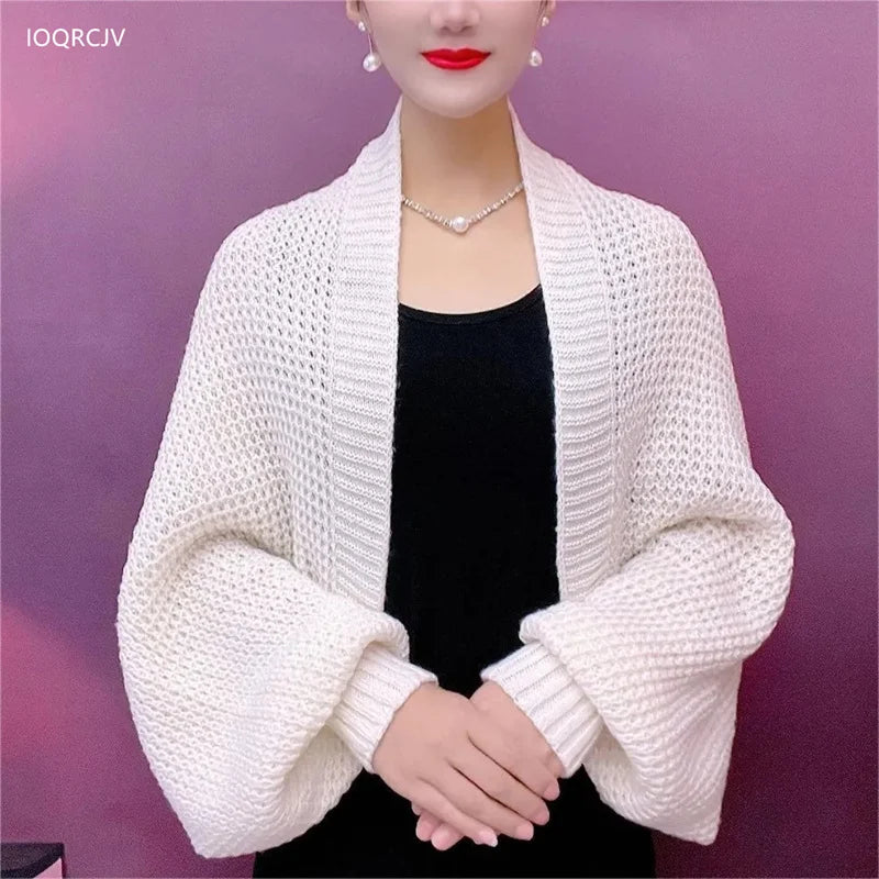 Spring Autumn Fashion Hollow Out Knitted Shawl New Long Sleeve Soft Mesh Cardigan Sweater Loose Elegant Female Knitted Cape