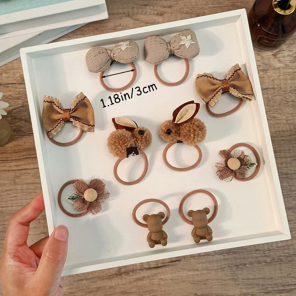 10PCS/Set Milk Coffee Girl Hair Ropes Cute Rabbit Bow Baby Princess Ponytail Rubber Bands Hair Accessory for Girl
