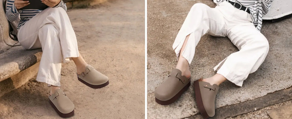 Gacimy Women Fashion Thick Sole Leather Clogs Slippers Classic Women's Mules Cork Clogs Slipper Outdoor Deep Heels Shoes Sandal