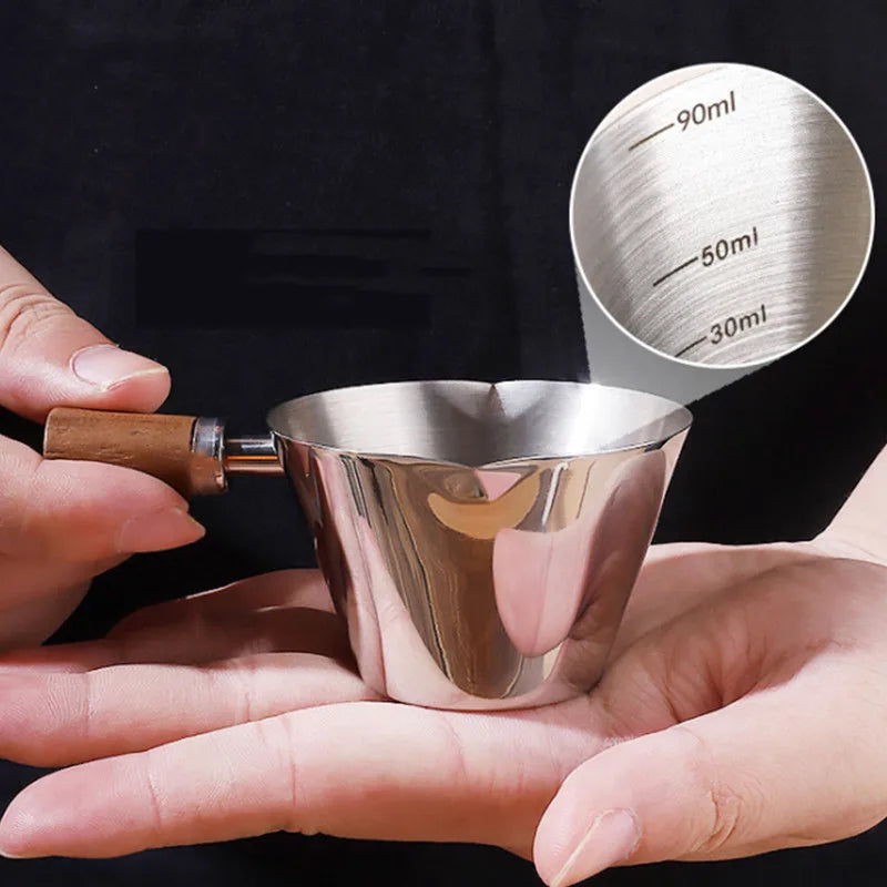 90ml 3oz Espresso Measuring Cup with Wood Handle Stainless Steel Coffee Shot Coffee Pouring Cup Kitchen Measuring Accessories
