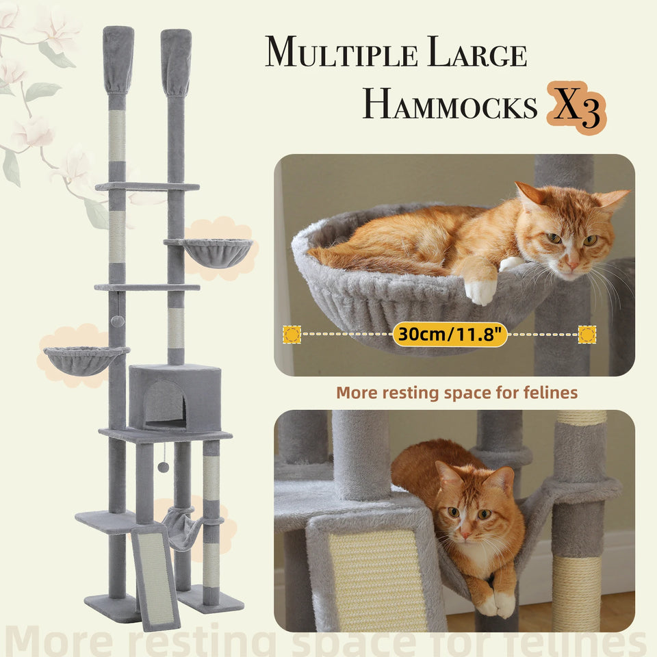 Cactus Cat Tree Floor to Ceiling Cat Tower 7 Tiers Cat Climbing Tree with Cozy Hammocks and Condos 5 Platforms Scratching Posts