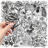 50pcs Black And White Vintage Retro Flower Plant Stickers Decals Laptop Scrapbooking Journal Planner Card Making PET Stickers﻿