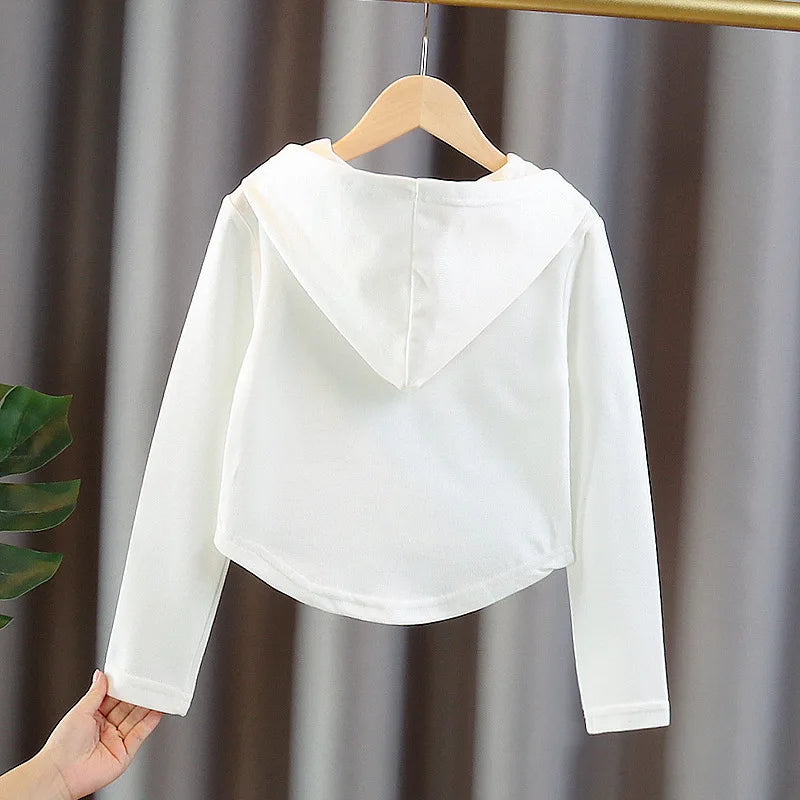 Girls Cotton Plain Hooded Half Zip Cropped Sweatshirt Jackets School Kids Track Pullover Jumper Children Work Coat Tops 3-16Yrs