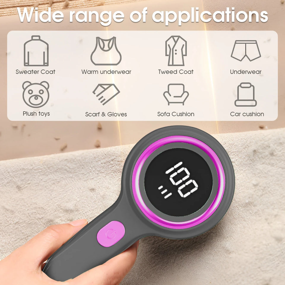 Digital display hair ball trimmer, shaving device, pilling device, rechargeable shaving and suction device, clothing