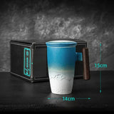 Luxury Retro Tea Cup Ceramic Mug Large Capacity Office Filter Black Water Cup with Cover Mugs Wooden Handle Cups Gift Ideas Box