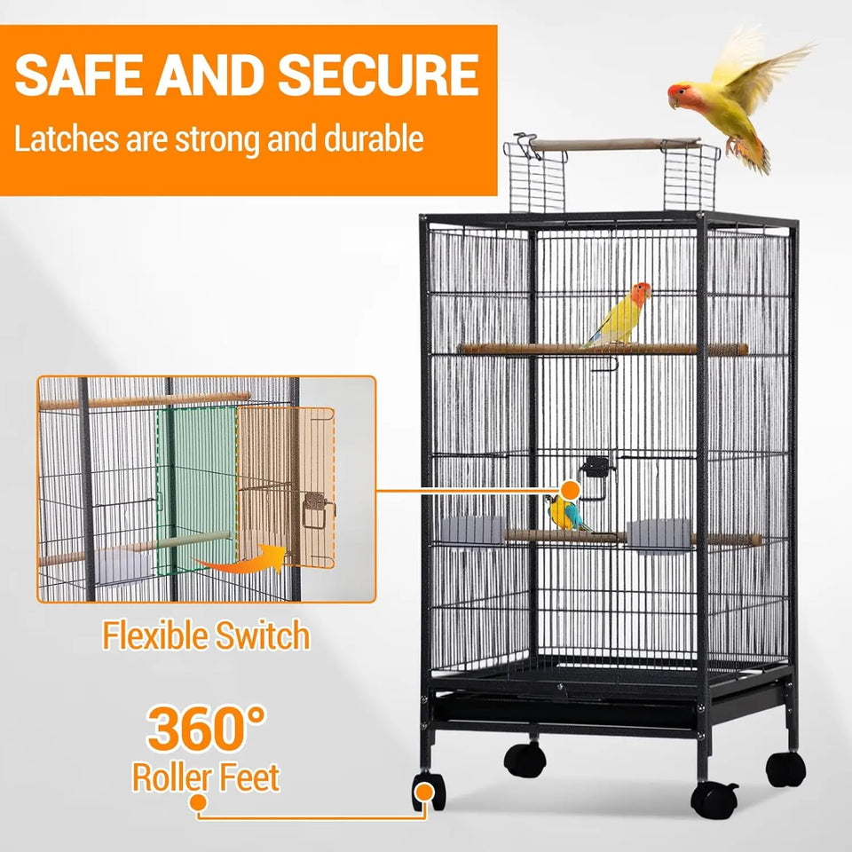 101cm Large Bird Cage Play Open Top Budgie Cage with Rolling Stand Slide-Out Tray Water Bottle Feeder, Indoor Outdoor Cage