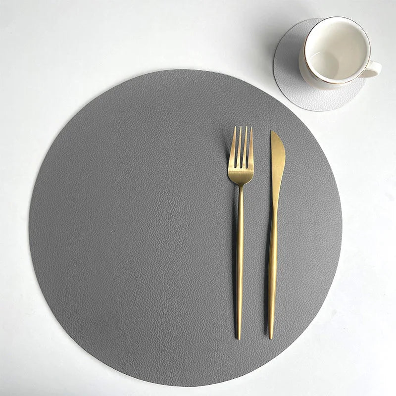 1/6/10 Sets Round PU Leather Placemats & Coaster Set Oil-Proof Waterproof Insulation Mat for Kitchen Coffee Shop Christmas Decor