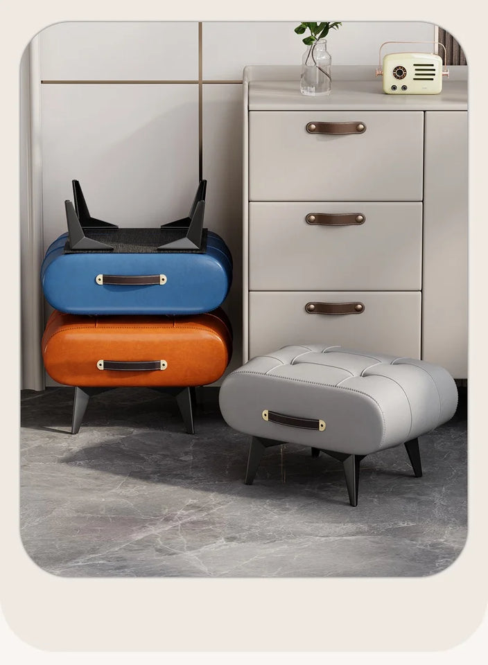 Furniture Small Upholstered Shoe Bench Oil Wax Leather Padded Entryway Shoe Changing Stool Modern Minimalist Living Room Ottoman