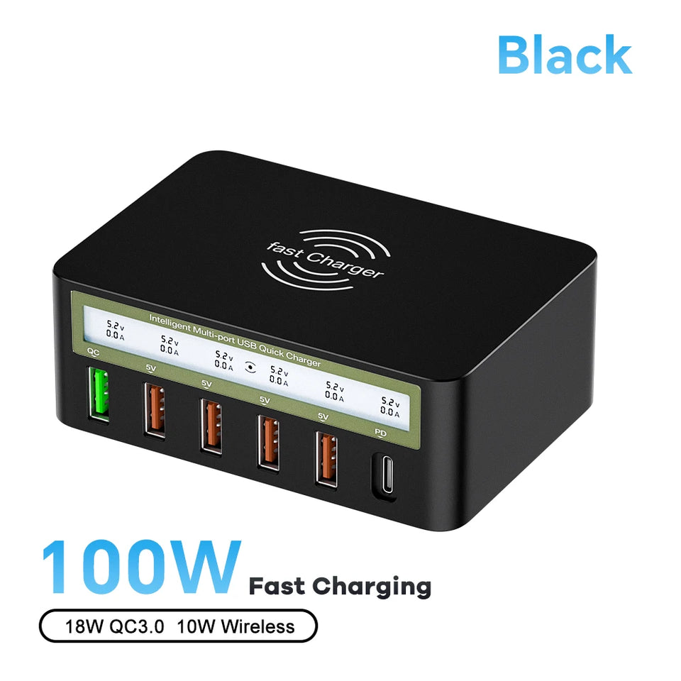 100W USB PD QC Charger Adapter Wireless Charger 6 Ports Fast Charging Station for IPhone 14 13 12 Pro Max IPad, Samsung Huawei