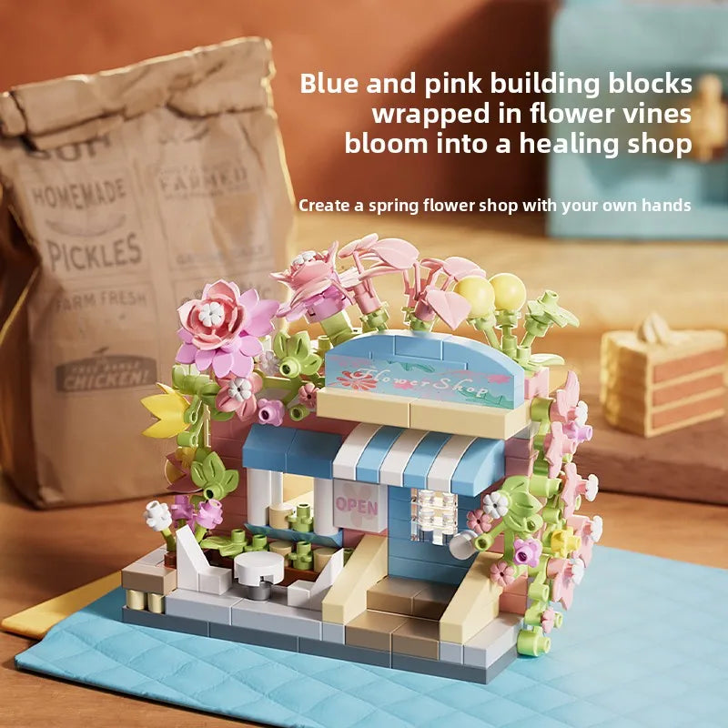 Coffee Ice Cream Flower Shop Store Street View Food House Building Blocks Kit Girls Bricks Model Kids Toy Mini Assembly Bricks