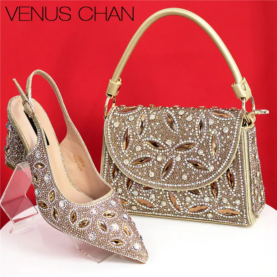 Elegant And Sexy Golden Color High Heels Shoes And Bag With Rhinestone Embellished Toe Is Comfortable Women's Shoes For Party