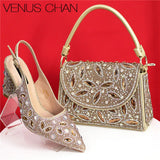 Elegant And Sexy Golden Color High Heels Shoes And Bag With Rhinestone Embellished Toe Is Comfortable Women's Shoes For Party