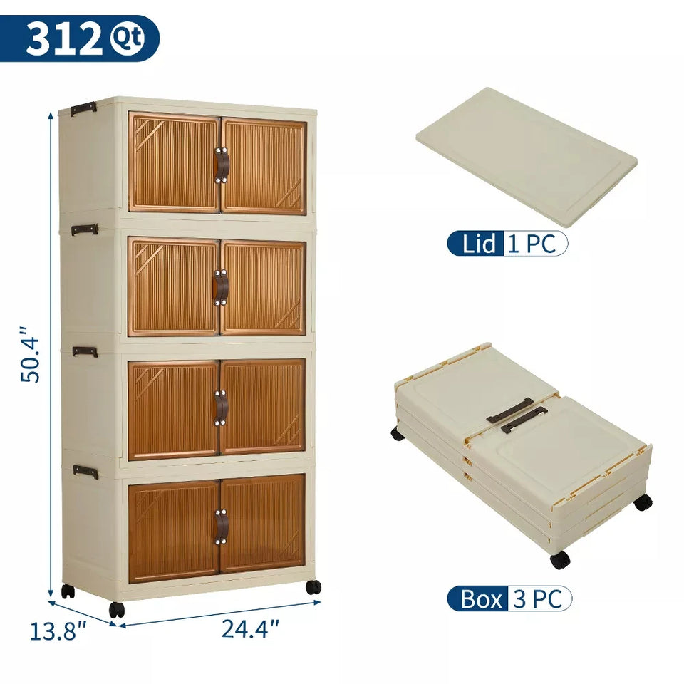 3/4/5-Tier Foldable Storage Cabinet with Lids & Wheels, Stackable Plastic Organizer for Closet, Bedroom, Office & Kitchen