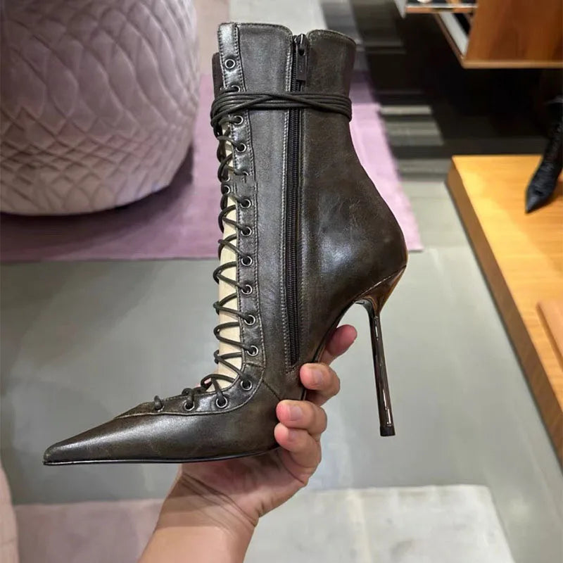 Hollow Out Cross Tie Fashion Pointed Sexy Mesh Leopard Print Perspective High-Heeled Women's Motorcycle Style Short Boots