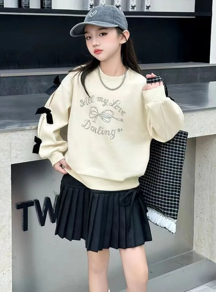 Girls' 2025 New Spring/Autumn Long Sleeve Bowknot Loose Fit Stylish Korean Style Mid-Big Kids Sweatshirt