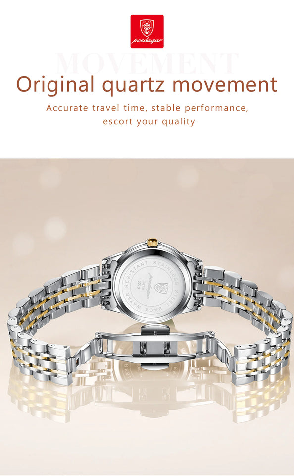 POEDAGAR Elegant Ladies Watches Waterproof Luminous Date Week Watch for Woman High Quality Stainless Steel Quartz Women's Watch