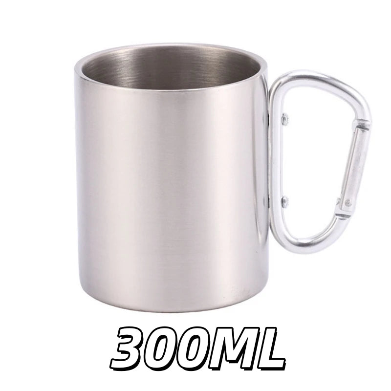 Stainless Steel Mountaineering Water Cup Button Coffee Camping Mug with Carabiner Handle Climbing Hiking Backpacking Travel Cups