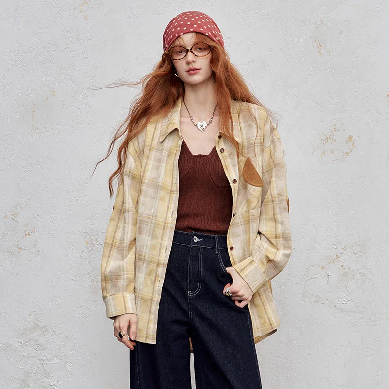 2025 Autumn ELFSACK New Arrivals Casual Color Block Plaid Oversized Long Sleeve Lapel Collar Shirt For Women