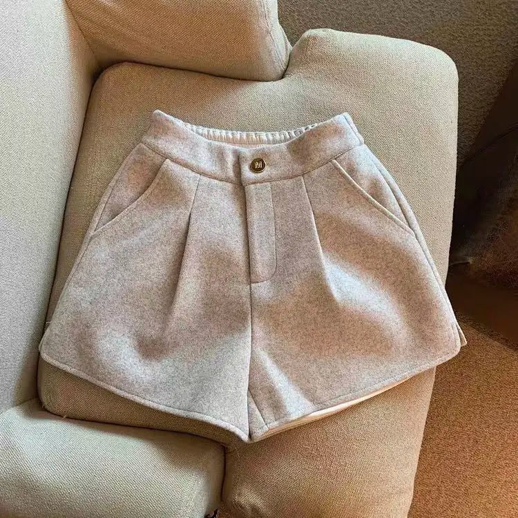2024 Autumn Winter New Thick Woolen Shorts Korean Loose High Waisted Split Wide Leg Pants Casual Outerwear Boots Pants Women