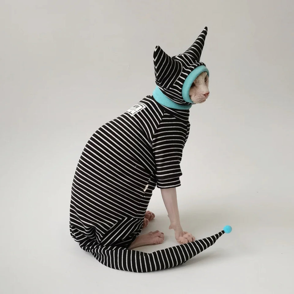 Four Legged Striped Shirt Hat Tail Cover Suit for Sphynx Cat Spring Black Sweatshirt for Kittens Hairless Warm Autumn Costumes
