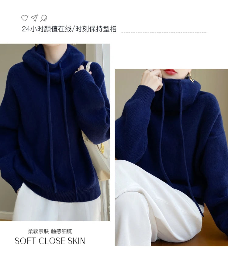 100% Australia Wool Women's Hooded Sweater Long Sleeve Pullovers New Arrivals Knitted Jumper Cashmere New In Sweatshirts Fashion