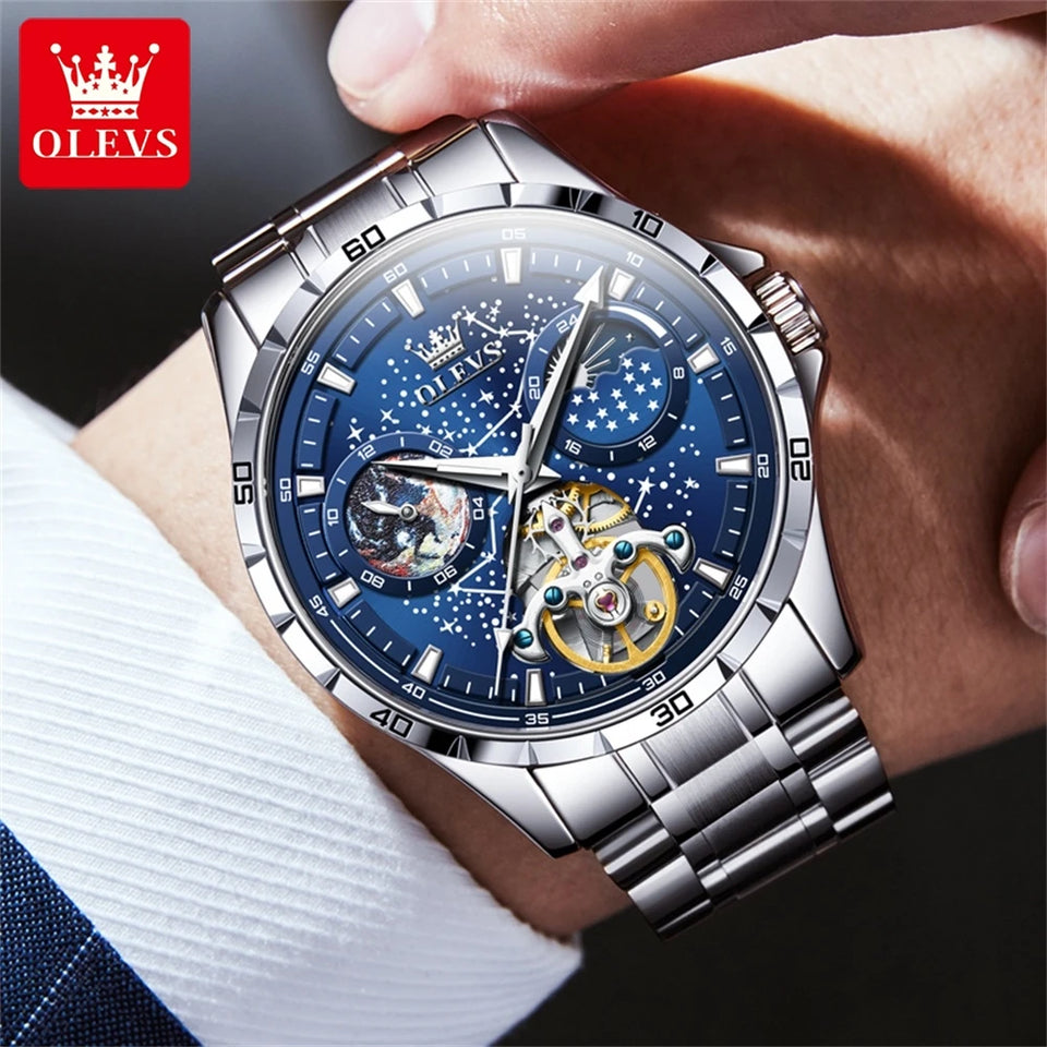 OLEVS 6689 Original Brand Men's Watches Starry Sky Disk Waterproof Luminous Automatic Mechanical Wristwatch Moon Phase Man Watch