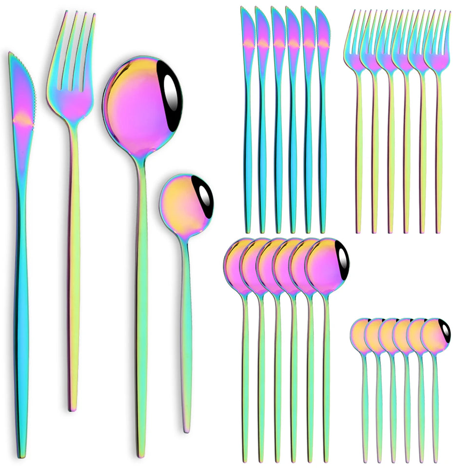 24pcs Stainless Steel Cutlery Set Knife Coffee Spoon Fork Dinnerware Set Mirror Durable Flatware Western Party Kitchen Tableware