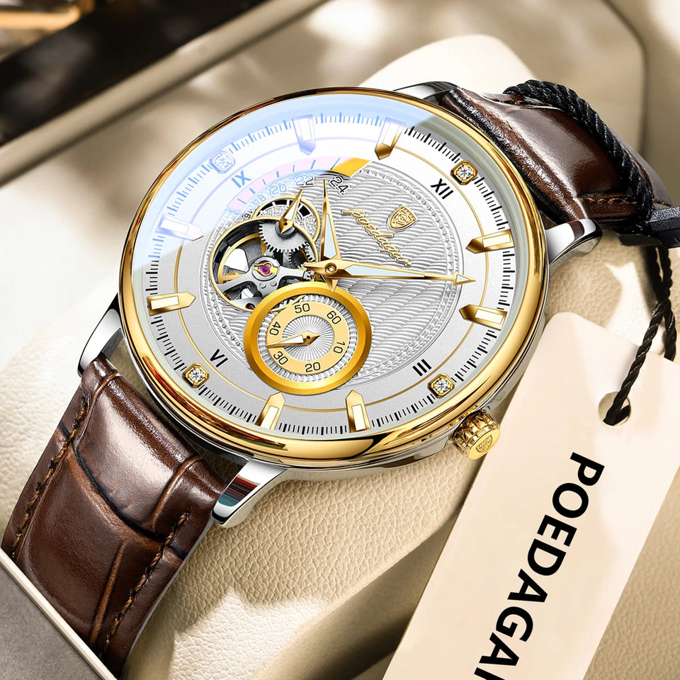 POEDAGAR Fashion Business Men Watch Waterproof Luminous Hollow Tourbillon Male Clock Automatic Mechanical Leather Men's Watches