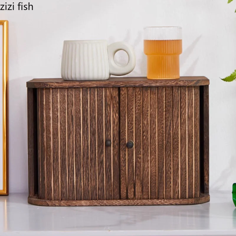 Solid Wood Storage Box Dustproof Display Rack Rolling Shutter Door Tea Cup Storage Rack Cabinet Organizer Desktop Shelf