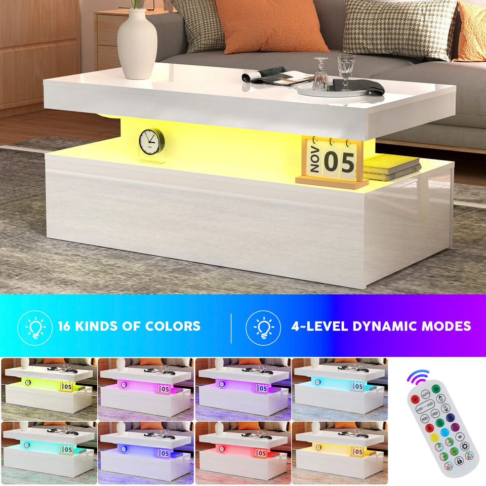 Coffee Table with Storage, White  High Gloss Coffee Table for Living Room with LED RGB Lights 2 Drawer Storage and Open Shelf