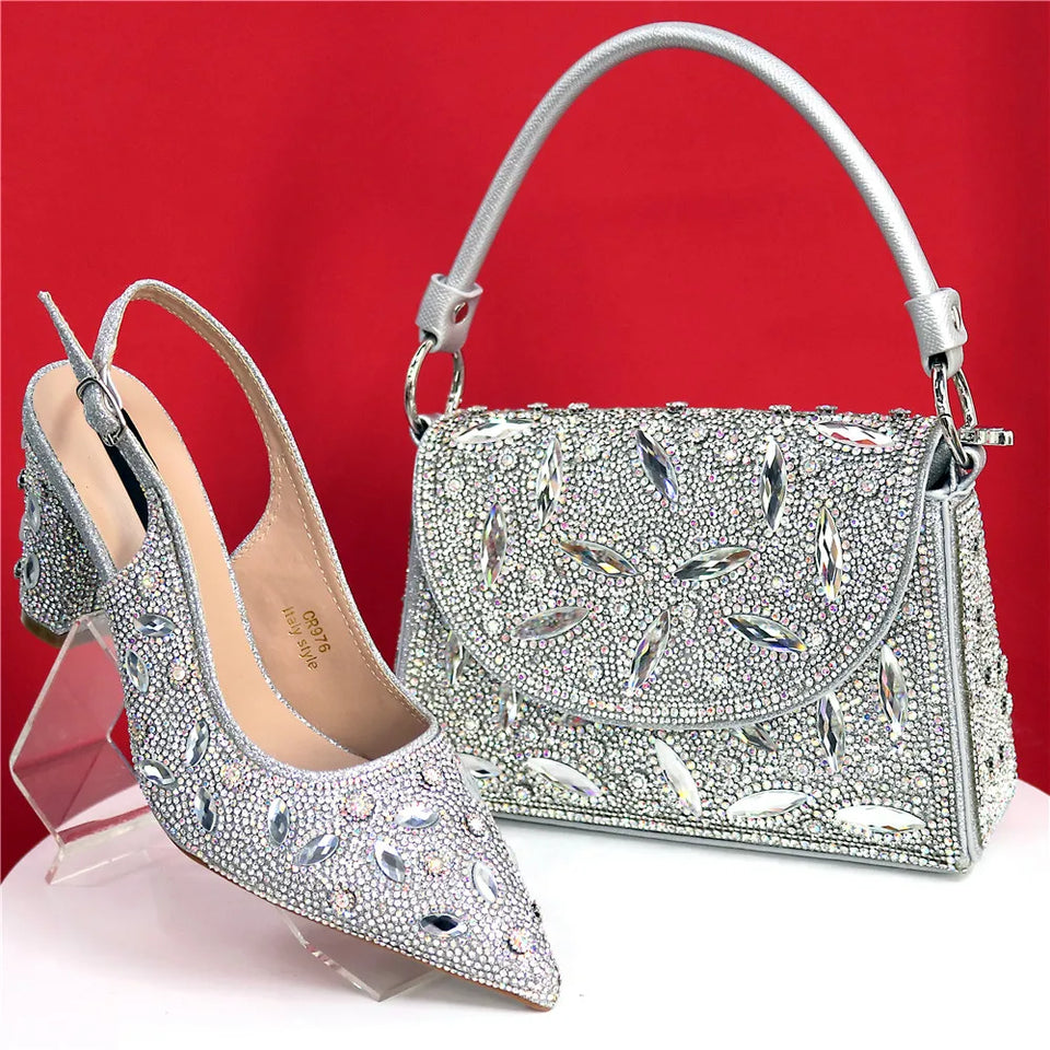 Elegant And Sexy Golden Color High Heels Shoes And Bag With Rhinestone Embellished Toe Is Comfortable Women's Shoes For Party