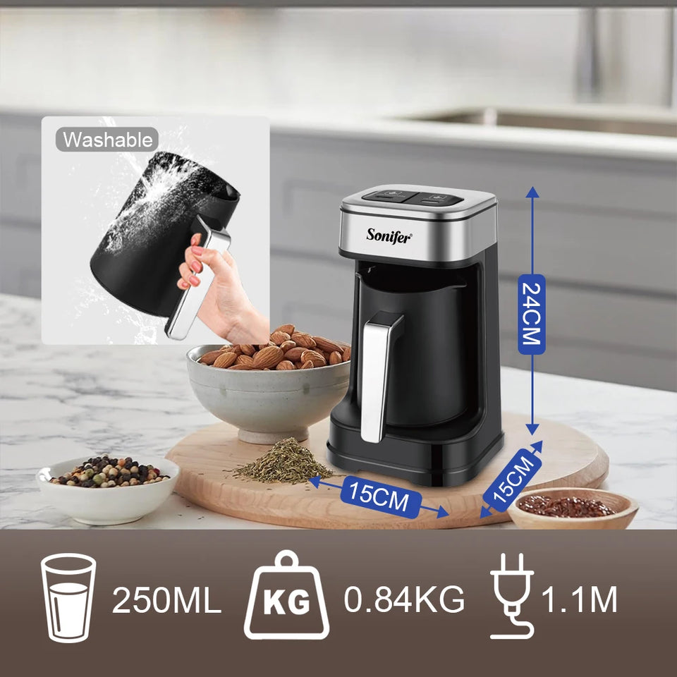 Sonifer Automatic Turkish Coffee Maker SF-3588, Smart Anti-Spill Sensor, Fast & Slow Brew Modes, 250ml, 700W, One-Touch