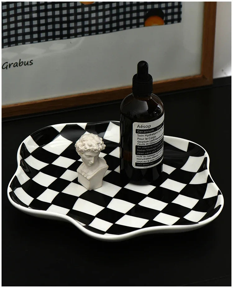 Ceramic Tray Checkerboard Jewelry Storage Plate Ring Earing Dessert Plate Home Decoration Retro Desk Organizer Kitchen Tableware